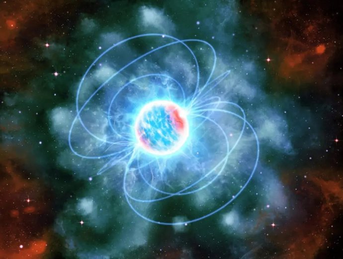 Impressió artística d'un estel de neutrons, mostrada com una esfera blava i roja brillant amb trets semblats a espurnes que ixen volant d'ella.