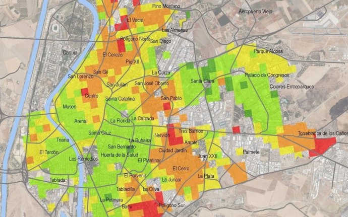 Mapa con los barrios de Sevilla.