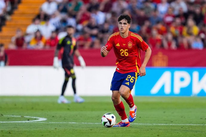 Pau Cubarsi of Spain in action during International Friendly football match played between Spain and Andorra at Nuevo Viveros stadium on June 5, 2024, in Badajoz, Spain.