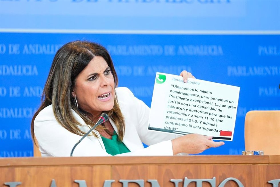 La portavoz del grupo parlamentario del PSOE andaluz, Ángeles Ferriz, en la rueda de prensa ofrecida el 3 de julio de 2024.