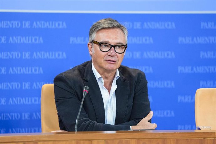 El portavoz del Grupo Parlamentario Vox en Andalucía, Manuel Gavira, este miércoles en rueda de prensa.  
