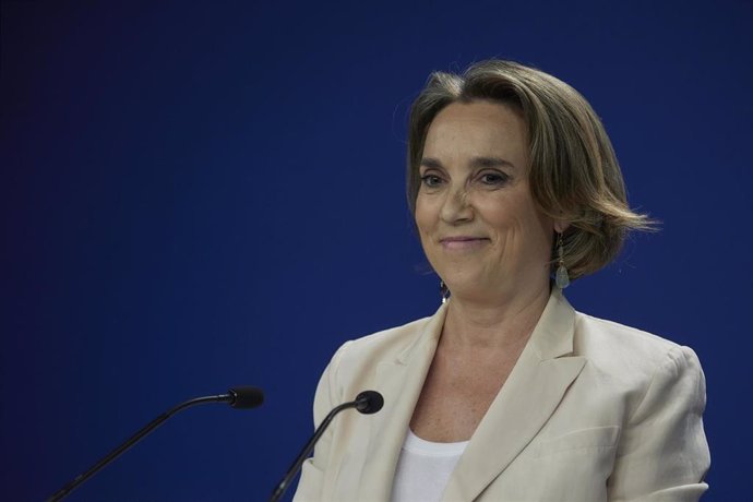 La secretaria general del PP, Cuca Gamarra, comparece durante seguimiento de la jornada electoral de elecciones europeas, en la sede del PP, a 9 de junio de 2024, en Madrid (España). 