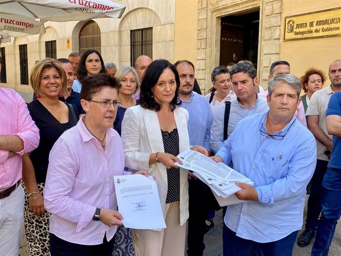 Crespín (centro), acompañada de alcaldes y portavoces socialistas de zonas rurales para realizar una entrega de firmas en la Delegación del Gobierno de la Junta.