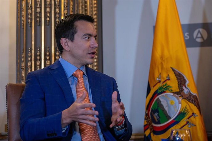 Archivo - May 17, 2024, Madrid, Spain: Daniel Noboa president of Ecuador speaks during an interview. Daniel Noboa, president of Ecuador, participated in a gathering organized by the EFE agency and Casa América during his visit to Spain. The president of E