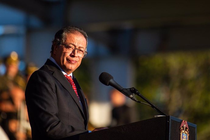 June 25, 2024, Bogota, Cundinamarca, Colombia: Colombian president Gustavo Petro spaeaks during the promotion ceremony to Brigadier Generals of Colombia's national police in the General Santander Police Academy in Bogota, June 25, 2024.