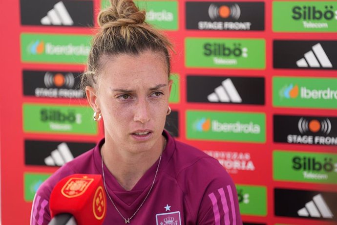 Eva Navarro attends a press conference during the call of Women's National Team on July 3, 2024, in Los Ángeles de San Rafael, Segovia.