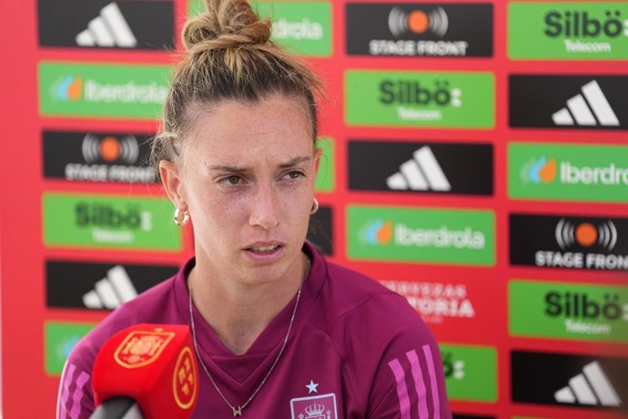 Eva Navarro attends a press conference during the call of Women's National Team on July 3, 2024, in Los Ángeles de San Rafael, Segovia.