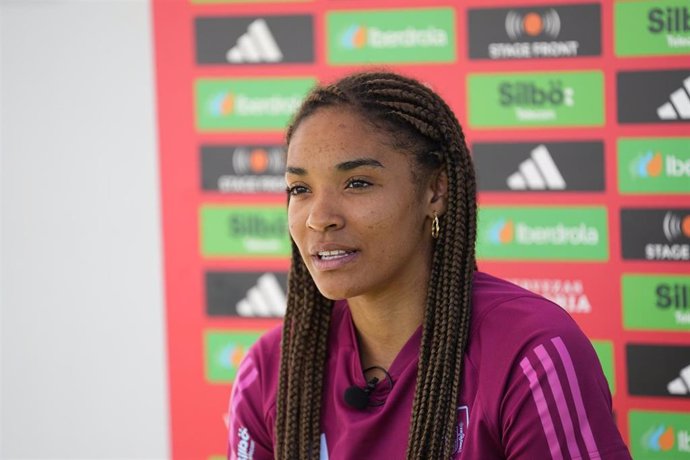 Salma Paralluelo attends a press conference during the call of Women's National Team on July 3, 2024, in Los Ángeles de San Rafael, Segovia.