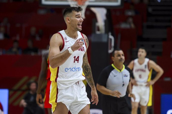 Willy Hernangomez of Spain gestures during the FIBA Preolympic Tournament basketball match played between Spain and Angola at Fuente de San Luis pavilion on july 03, 2024, in Valencia, Spain.