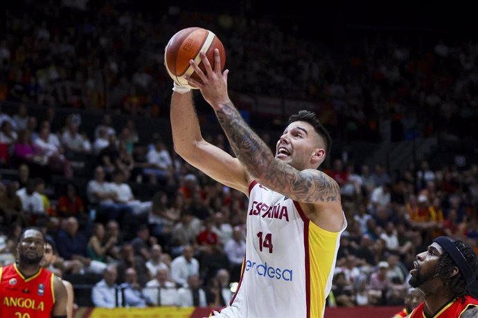 Willy Hernangomez of Spain in action during the FIBA Preolympic Tournament basketball match played between Spain and Angola at Fuente de San Luis pavilion on july 03, 2024, in Valencia, Spain.