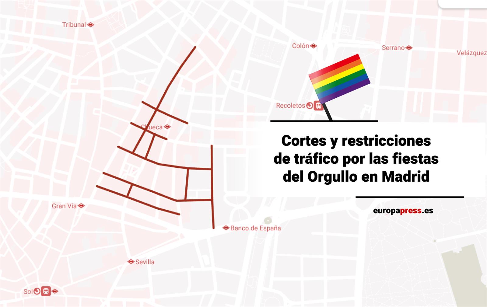 Cortes y restricciones de tráfico por las fiestas del Orgullo en Madrid