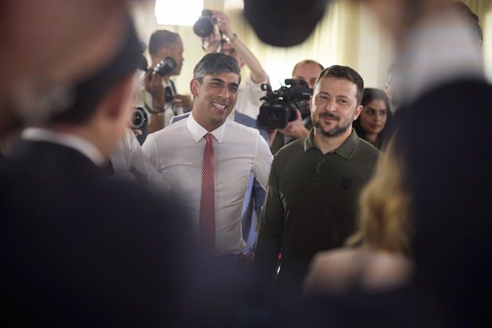 June 13, 2024, Savelletri Di Fasano, Italy: Ukrainian President Volodymyr Zelenskyy, right, stand with British Prime Minister Rishi Sunak, left, before the start of 50th G7 Summit at the Borgo Egnazia resort, June 13, 2024, in Savelletri di Fasano, Italy.