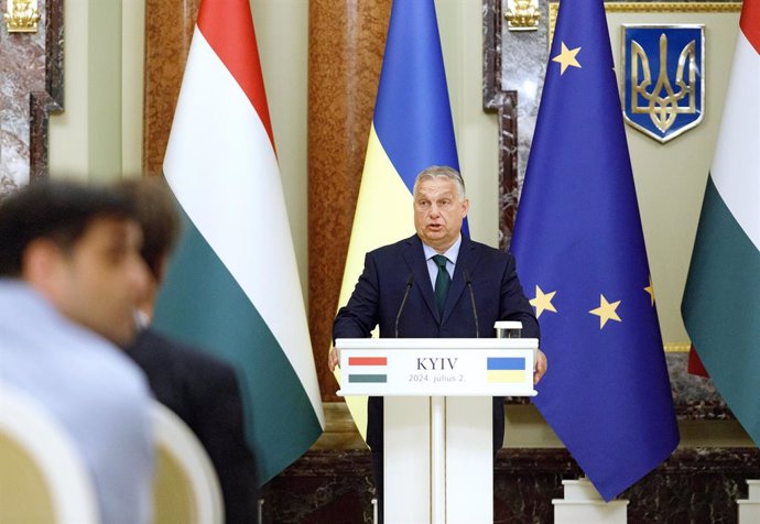 02 July 2024, Ukraine, Kiev: Hungary's Prime Minister Viktor Orban speaks during a joint press conference with Ukrainian President Volodymyr Zelenskyy in Kiev. Photo: -/Ukrinform/dpa