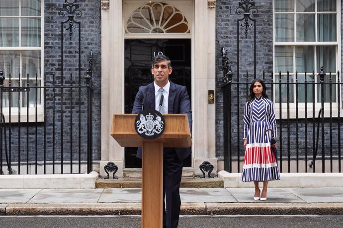 FILED - 05 July 2024, United Kingdom, London: Outgoing Conservative Prime Minister Rishi Sunak gives a speech in Downing Street, London, following his party's landslide defeat to the Labour Party in the 2024 General Election. Photo: James Manning/PA Wire/