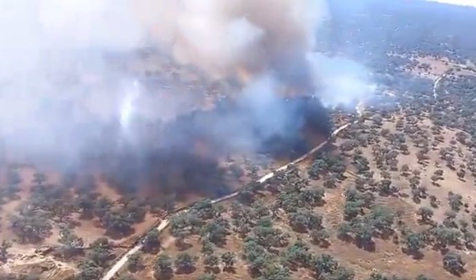 Imagen aérea del incendio forestal declarado en Villanueva de Córdoba.
