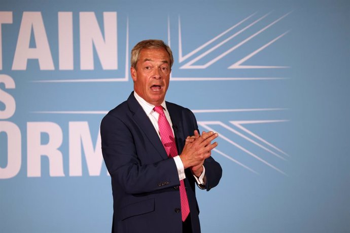 27 June 2024, United Kingdom, Boston: Reform UK Leader Nigel Farage speaks at a meeting in Boston, while on the General Election campaign trail. Photo: Paul Marriott/PA Wire/dpa