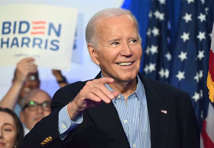 July 5, 2024, Madison, Wisconsin, United States: President of the United States Joe Biden smiles and waves to the crowd after his remarks at a campaign rally at Sherman Middle School in Madison. U.S. President Joe Biden said that he is staying in the 2024