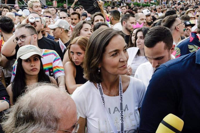 Archivo - La portavoz del Grupo municipal PSOE Madrid, Reyes Maroto, durante el Pregón del Orgullo 2023 en la Plaza Pedro Zerolo, a 28 de junio de 2023, en Madrid (España).