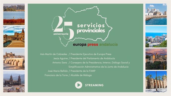 Cartel anunciador del acto organizado por Europa Press Andalucía el martes 9 de julio en Málaga con motivo del 25 aniversario de la puesta en marcha de sus ocho servicios provinciales de noticias