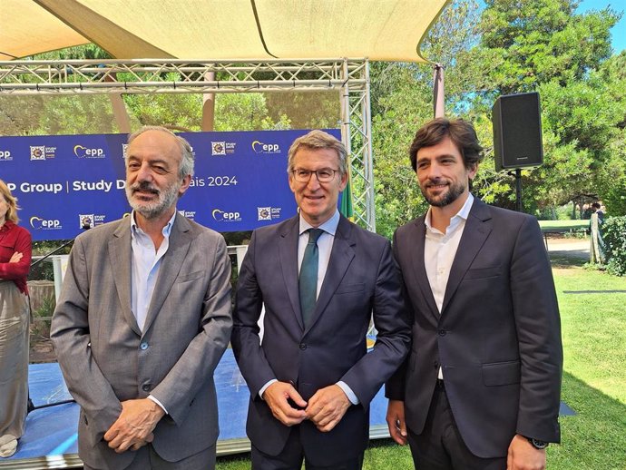 Los eurodiputados gallegos Francisco Millán Mon y Adrián Vázquez, con el líder nacional del PP, Alberto Núñez Feijóo.