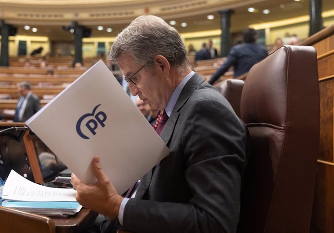 El presidente del Partido Popular, Alberto Núñez Feijóo, a su llegada a una sesión plenaria en el Congreso de los Diputados, a 4 de julio de 2024, en Madrid (España).