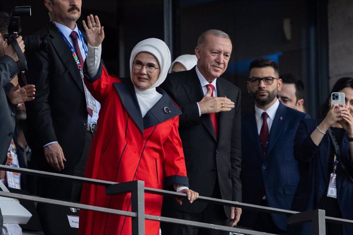 El presidente turco, Recep Tayyip Erdogan, en el palco del Estadio Olímpico de Berlín durante el partido de semifinales de la Eurocopa de fútbol entre Turquía y Países Bajos