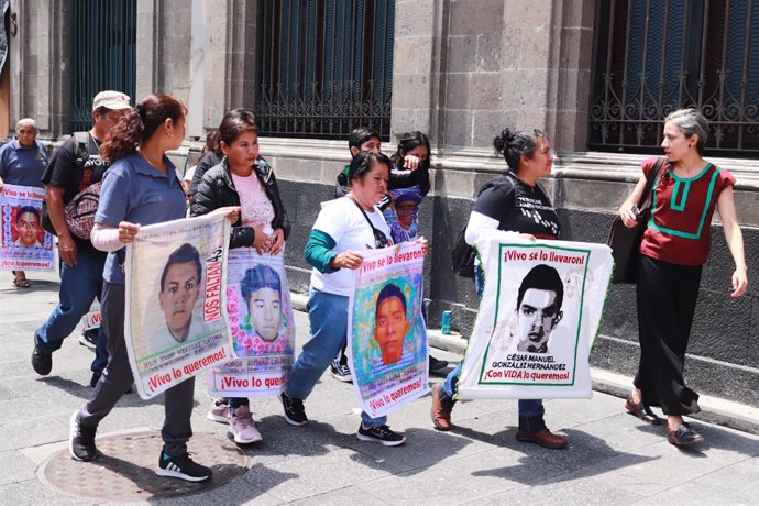 Pparents and relatives of the 43 missing students from Ayotzinapa, attending at the National Palace for a  meeting with Mexican President Andres Manuel Lopez Obrador.