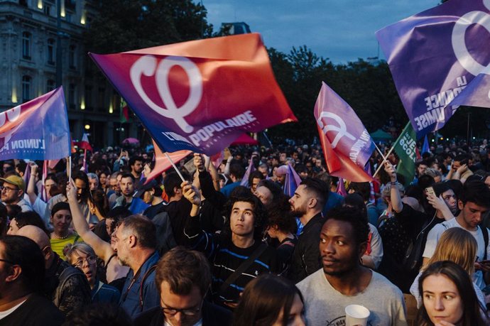 June 30, 2024, Paris, Paris, France: In Paris, tens of thousands of people converged on the Place de la Republique, where the New Popular Front's election evening began at 11pm. Several leaders took to the stage not far from the statue to speak. The demon