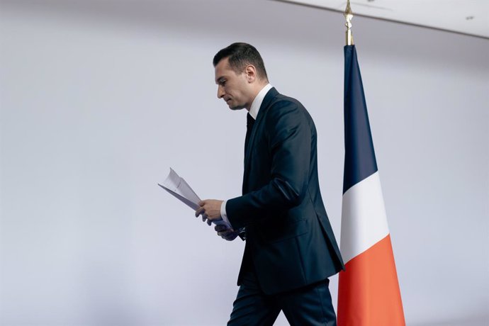 June 30, 2024, Paris, France, France: French far right Rassemblement National (RN) political party President Jordan Bardella leaves after giving a speech during the results evening of the first round of the parliamentary elections in Paris. France s far r