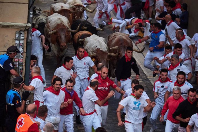 Imagen del segundo encierro de los Sanfermines de 2024 protagonizado por fotos de la ganadería Cebada Gago.