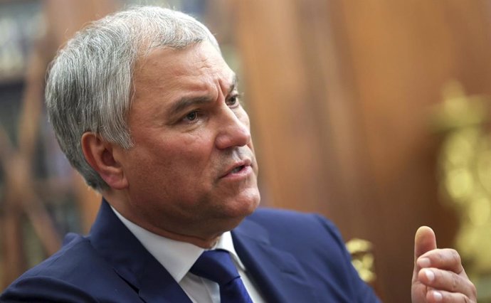 Archivo - May 21, 2024, Moscow, Moscow Oblast, Russia: Russian State Duma Chair Vyacheslav Volodin remarks during face-to-face meeting with Russian President Vladimir Putin during a face-to-face meeting at the Kremlin, May 21, 2024, in Moscow, Russia.