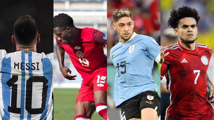 Los futbolistas Leo Messi (Argentina), Alphonso Davies (Canadá), Fede Valverde (Uruguay) y Luis Díaz (Colombia), con sus selecciones.