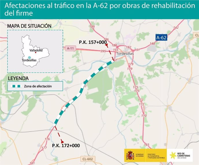 Mapa elaborado por el Ministerio de Transpostes con las afectaciones al tráfico por las obras en el firme de la A-62