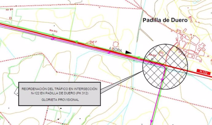 Zona en la que se ejecutará la glorieta provisional en Padilla de Duero (Valladolid).