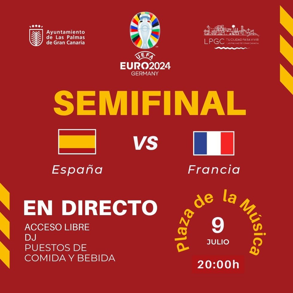 Cartel de la semifinal de la Eurocopa 2024 entre España y Francia para ver en la plaza de la Música de Las Palmas de Gran Canaria