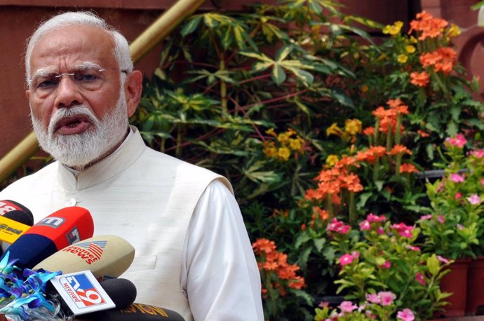 24 June 2024, India, Khora: Indian Prime Minister Narendra Modi speaks to the media on the first Day of the 18th Parliament session. Photo: Ravi Batra/ZUMA Press Wire/dpa