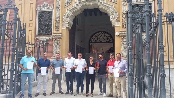 Archivo - Alcaldes de la Sierra Sur de Sevilla presentando el verano pasado un escrito a la Consejería de Salud y Consumo de la Junta de Andalucía frente al palacio de San Telmo (Sevilla)