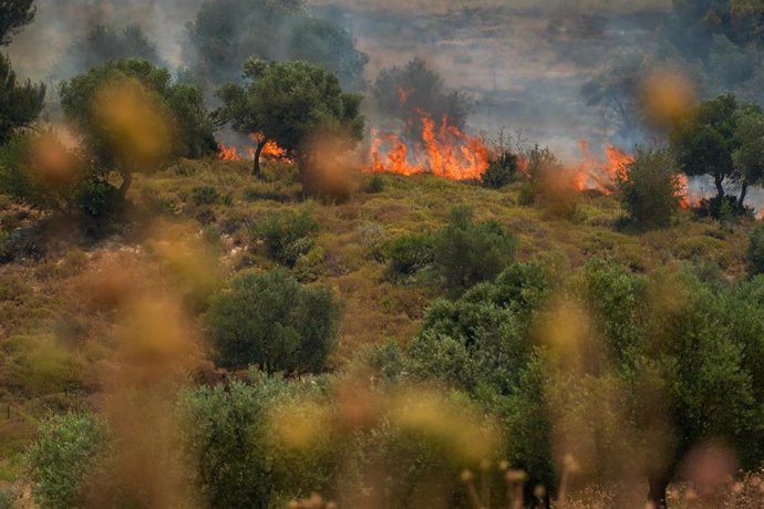 Incendio provocado por el lanzamiento de cohetes por parte de Hezbolá contra territorio israelí