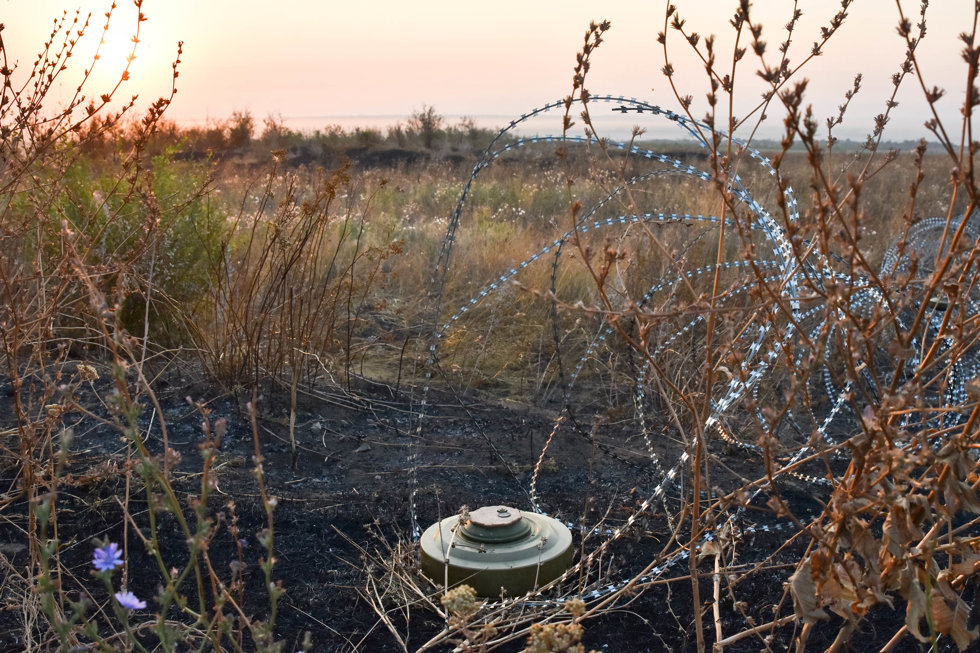 July 15, 2024, Robotyne, Zaporizhzhia, Ukraine: An anti-tank mines and barbed wires seen on the battlefield at the frontline near Robotyne.
