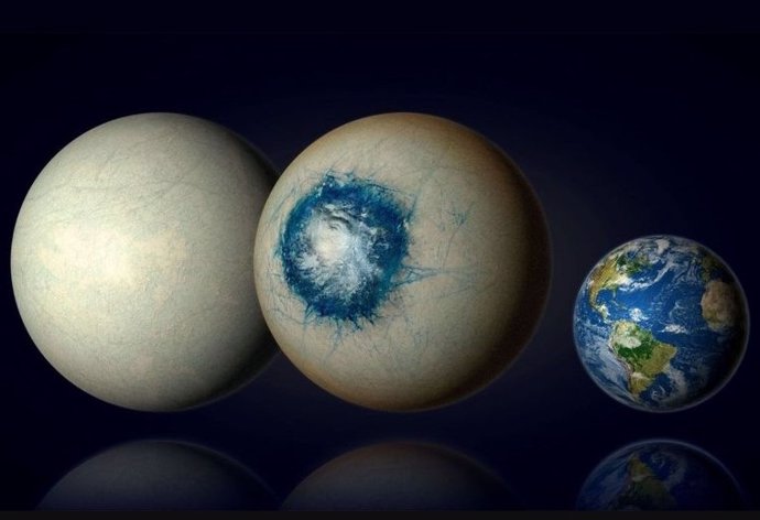 El exoplaneta templado LHS 1140 b podría ser un mundo completamente cubierto de hielo (izquierda) similar a la luna Europa de Júpiter o ser un mundo helado con un océano subestelar líquido y una atmósfera nublada (centro)