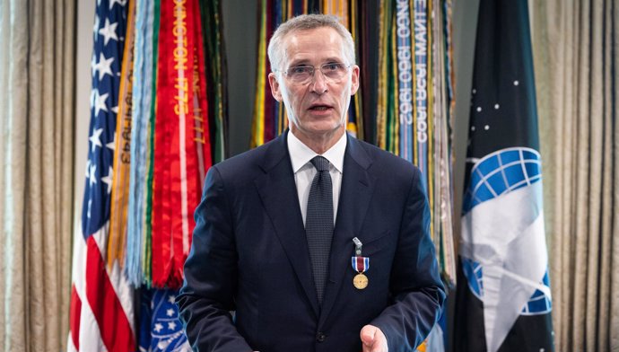 HANDOUT - 08 July 2024, US, Washington: NATO Secretary General Jens Stoltenberg delivers a speech after receiving the US Department of Defence's Medal for distinguished Public Service. Photo: -/NATO/dpa - ATTENTION: editorial use only and only if the cred