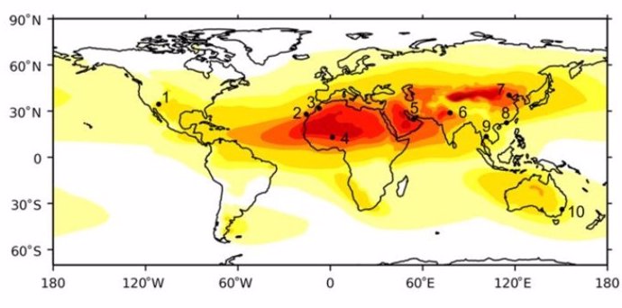 Mapa que muestra la concentración de polvo en todo el mundo