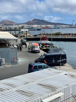 Agentes de la Policía Nacional en el muelle deportivo de Las Palmas de Gran Canaria desde donde están trasladando a de los detenidos del barco de ganado interceptapo por la UDYCO a dependencias policiales y judiciales