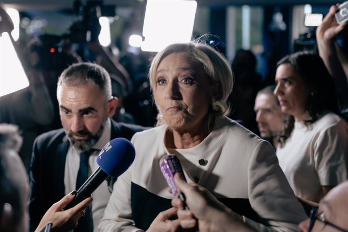 July 7, 2024, Paris, France, France: French Rassemblement National (RN) far right party s leader Marine Le Pen speaks to the press after the results of the second round of the parliamentary elections.  POLITIQUE, RN, RASSEMBLEMENT NATIONAL, EXTREME DROITE