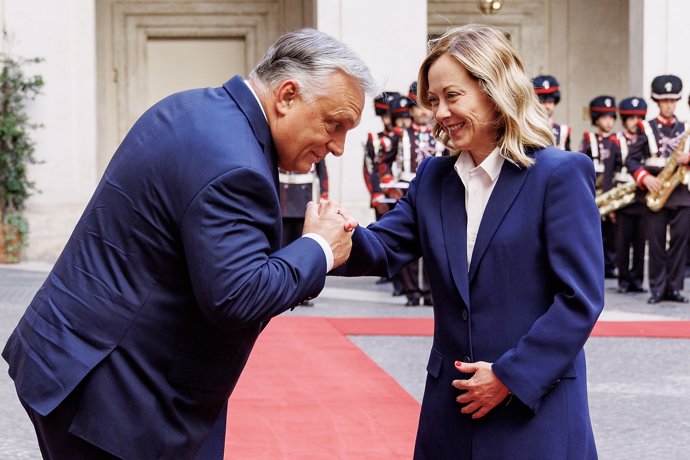 24 June 2024, Italy, Rome: Italian Prime Minister Giorgia Meloni recieves Prime Minister of Hungary Viktor Orban. Photo: Roberto Monaldo/LaPresse via ZUMA Press/dpa