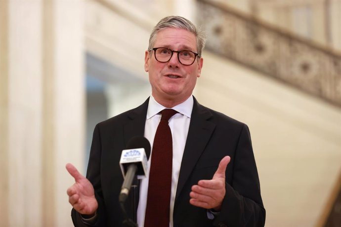 08 July 2024, United Kingdom, Belfast: UK Prime Minister Keir Starmer addresses the media in the Great Hall of Parliament Buildings at Stormont, Belfast.