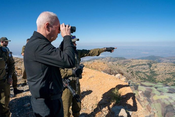 July 7, 2024, Northern District, Israel: Israeli Defense Minister YOAV GALLANT (black shirt) holds security assessments in the North of Israel along the Lebanese border in the Mount Hermon region.