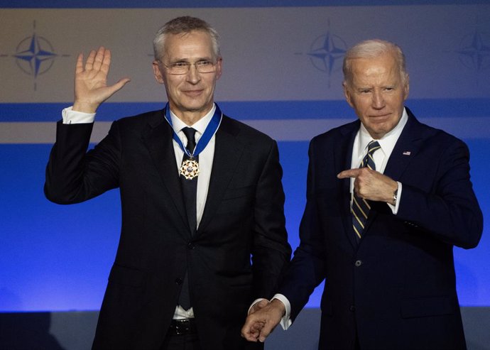 July 9, 2024, Washington, United States: United States President Joe Biden points to North Atlantic Treaty Organization Secretary General Jens Stoltenberg after presenting him with the Presidential Medal of Freedom during a ceremony celebrating NATO's 75t