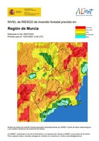 El nivel de riesgo de incendio forestal este miércoles es muy alto en la mayor parte de la Región de Murcia
