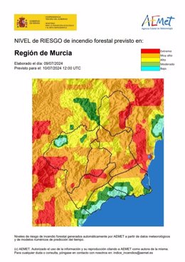 El nivel de riesgo de incendio forestal este miércoles es muy alto en la mayor parte de la Región